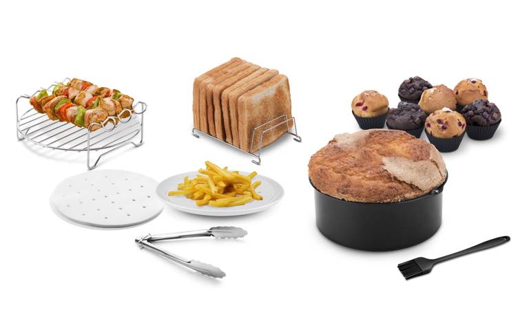 Pack de 7 Accesorios Ufesa para Freidora de Aire (Molde Bizcocho, Parrilla, Pinchos, Soporte Tostadas, Silicona, Libre BPA)
