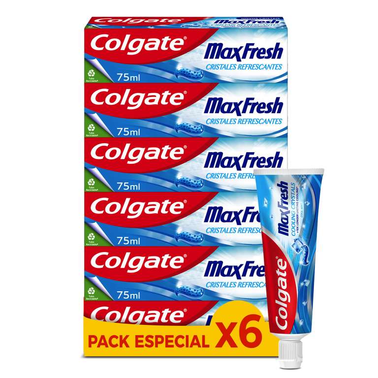 6 tubos de pasta de dientes COLGATE MAX FRESH con flúor y cristales refrescantes (1,25€/tubo)