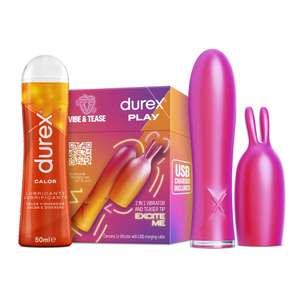 Durex Conejito Vibrador 2 en 1 VIBE & TEASE + Lubricante Efecto Calor 50 ml, Punta Estimuladora, Juguete Sexual para Mujer, Hombre y Pareja