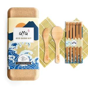 Kit para Hacer Sushi, Original AYA Eco – Bambú Biodegradable – 2 Esterillas de Sushi – 5 Pares de Palillos – 1 Espátula – 1 Cuchara