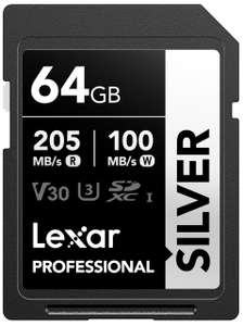 Lexar Professional Tarjeta SD 64 GB Silver, hasta 205 MB/s de Lectura, Tarjeta de Memoria SDXC UHS-I, Clase 10, U3, V30, SD Card