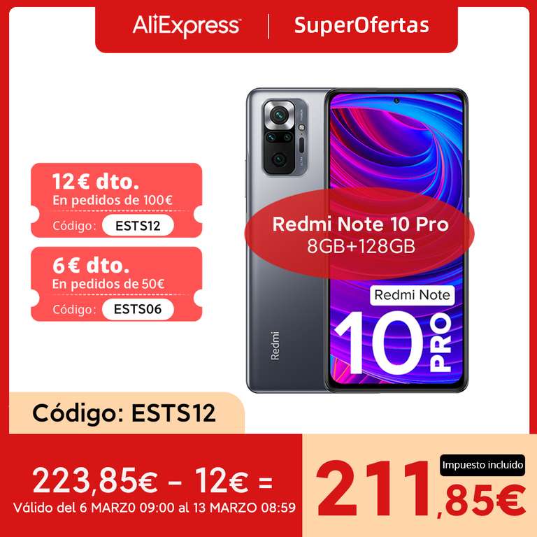 Xiaomi Redmi Note 10 Pro Smartphone 8+128GB, (2 colores) desde España