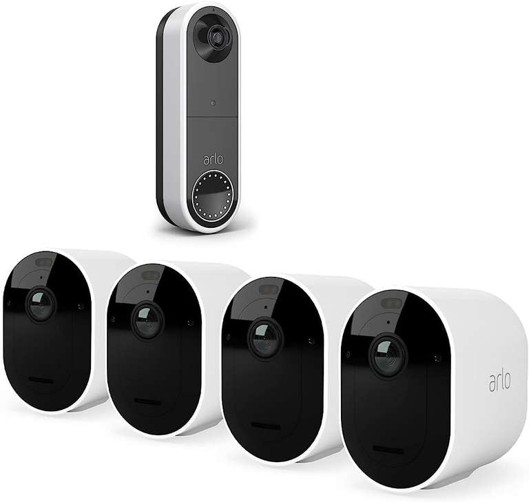 Arlo Pro4, 4 Cámaras de Vigilancia Wi-Fi con Timbre de Video Inalámbrico, Blanco, 90 Días de Prueba Gratuita Arlo Secure