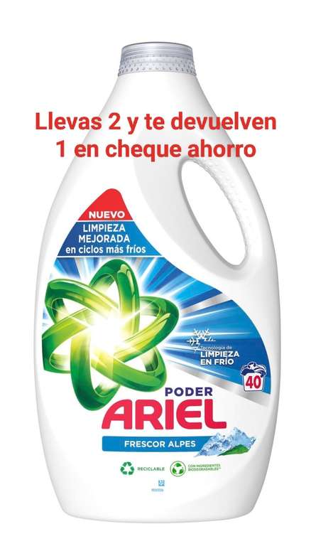 Ariel de los Alpes líquido 40 + 40 lavados 17,25€ (0,21€ lavado)
