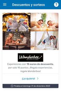 -15€ de descuento en compras superiores a 49,90€ de Wonderbox por 10 puntos Travel Club (Sección: Disfrutar de mis puntos: ventajas)