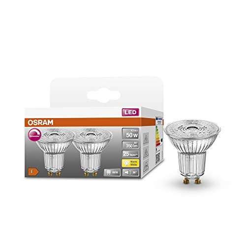 OSRAM Lámpara reflectora Superstar, GU10 base, vidrio transparente ,Blanco cálido (2700K), 350 Lumen, sustituto de 50W-iluminante 2-paquete