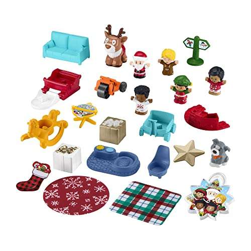 Fisher-Price Little People Calendario de adviento, caja con 24 sorpresas, incluye 7 figuras y accesorios