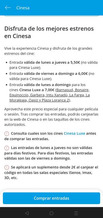 Entrada de cine a 5,5€ (L-J) o 6€ cualquier día de la semana en Cinesa. 6,5€ (L-D) en Yelmo y Kinépolis desde app de BBVA