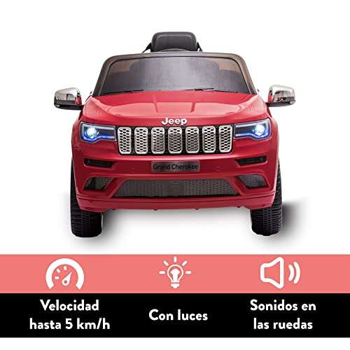 Coche eléctrico FEBER Jeep Cherokee rojo 12V Radiocontrol, faros con luz, 2 marchas, acelerador y freno eléctrico