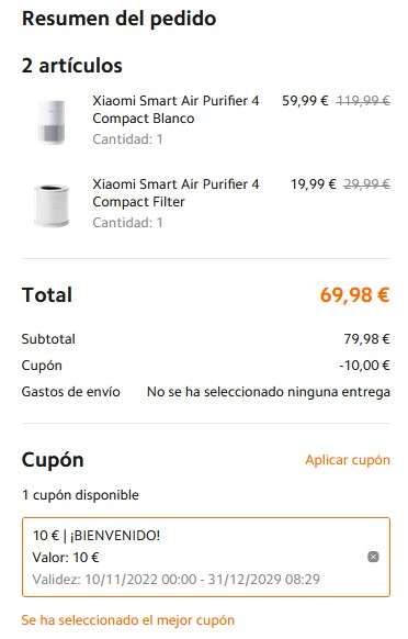 Xiaomi Air Purifier 4 Compact + filtro de recambio por 69.98€