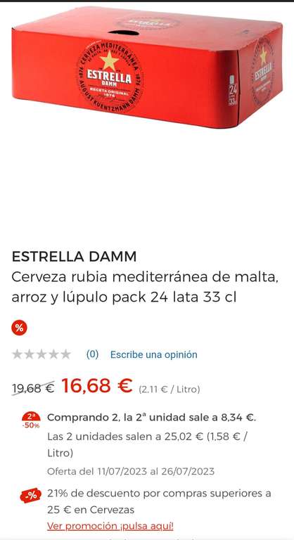 Estrella Damm Cerveza 2 Packs = 48 Latas x 33 cl (Lata 0,41€)