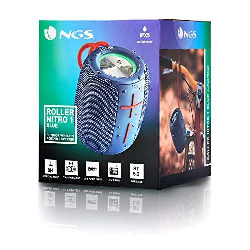 NGS Roller Nitro 1 Blue - Altavoz Portátil Compatible con Tecnología Bluetooth y True Wireless, Luces RGB, Impermeabilidad IPX5