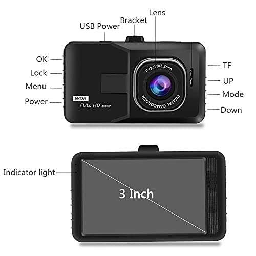 Cámara de Coche Dash CAM 720P Full HD, Pantalla LCD de 3 Pulgadas, Vigilancia del Movimiento