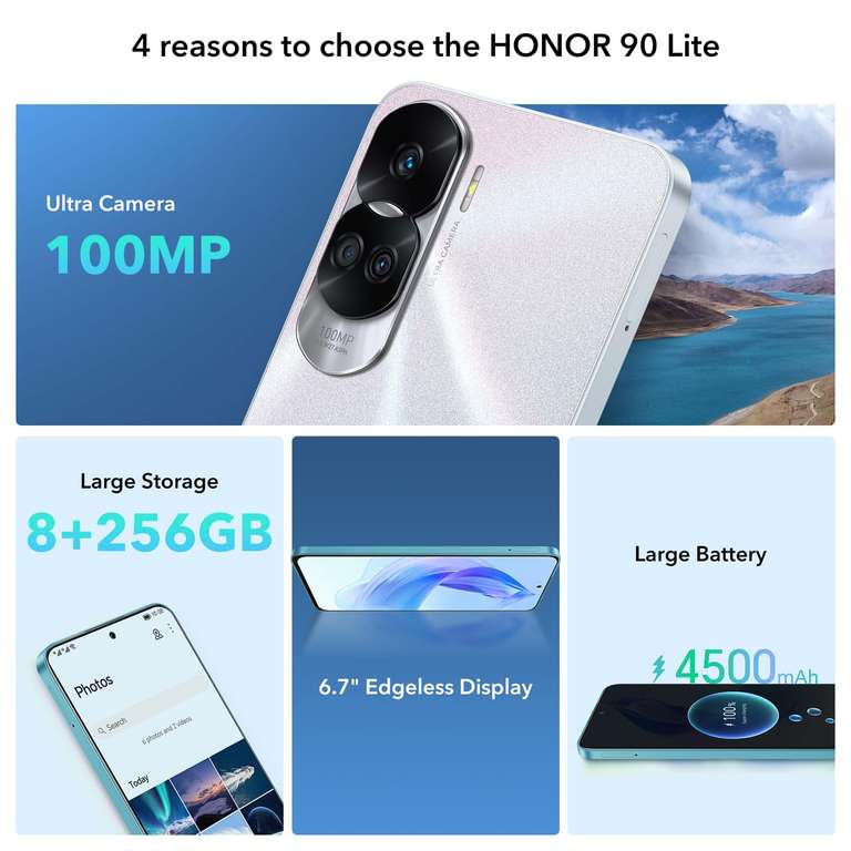 HONOR 90 Lite 5G- 8/256GB, Cámara Principal de 100 MP, 6.7" LTPS LCD, 4500mAh Batería CON 35W de carga, Android 13, Dual Sim - Smartphone