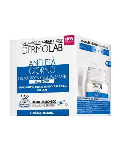 DERMOLAB Crema facial con ácido hialurónico y Ultra Filling Spheres, hidratante y revitalizante para pieles secas 50ml