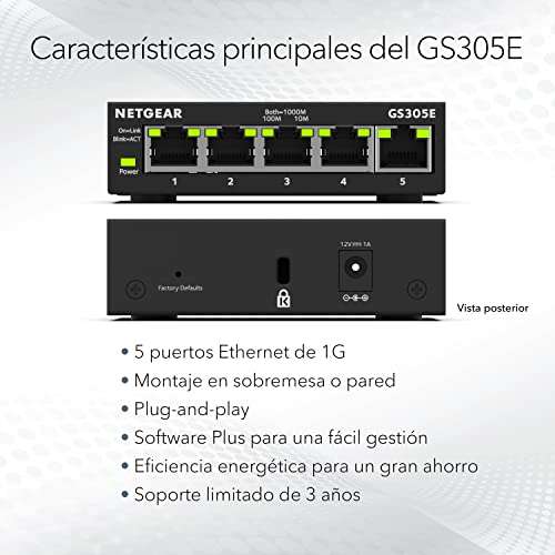 NETGEAR Switch Ethernet de 5 puertos GS305E, switch Gigabit Smart Plus, hub Ethernet metálico de sobremesa