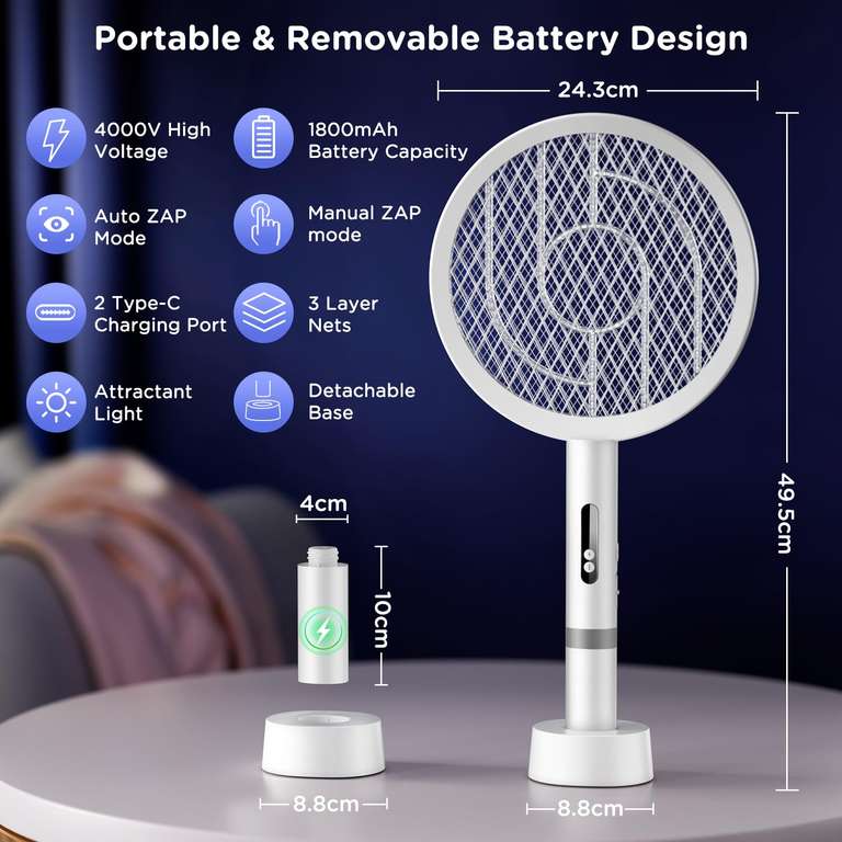 Raqueta Eléctrica Antimosquitos – 4000V Recargable Con USB, Luz UV Y Mango Plegable, Para Interior Y Exterior