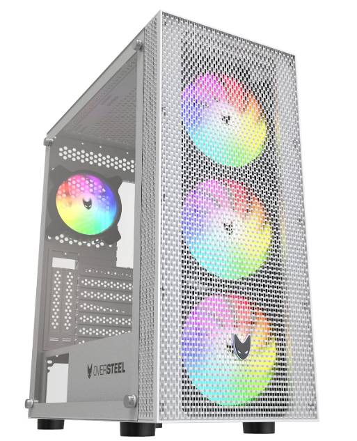 Oversteel – Azurite Caja Pc Gaming, 4 Ventiladores 120mm A-RGB Incluidos, Frontal Mallado, Instalación Vertical, Cristal Lateral Templado