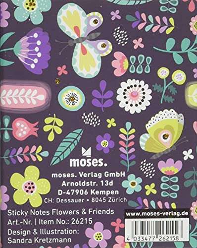 Moses. Flowers & Friends Sticky Notes Libro, 400 notas adhesivas impresas de colores para el buen humor en el escritorio o de viaje..
