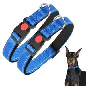 2× Collar Perro, Collar Nylon Reflectante Suave Acolchado , Ajustable con Cerradura de seguridad talla L, Azul