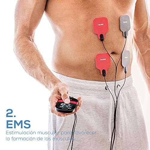 Beurer EM 59 Electroestimulador digital con función calor, tens, ems y masaje, 2 canales, función calor, 4 electrodos, con pads de gel