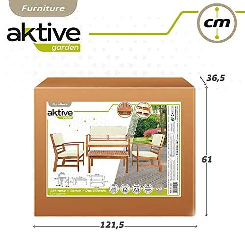 Aktive 61001 - Conjunto muebles de jardín, 1 mesa, 2 sillas, 1 banco, cojines color beige, Madera de acacia