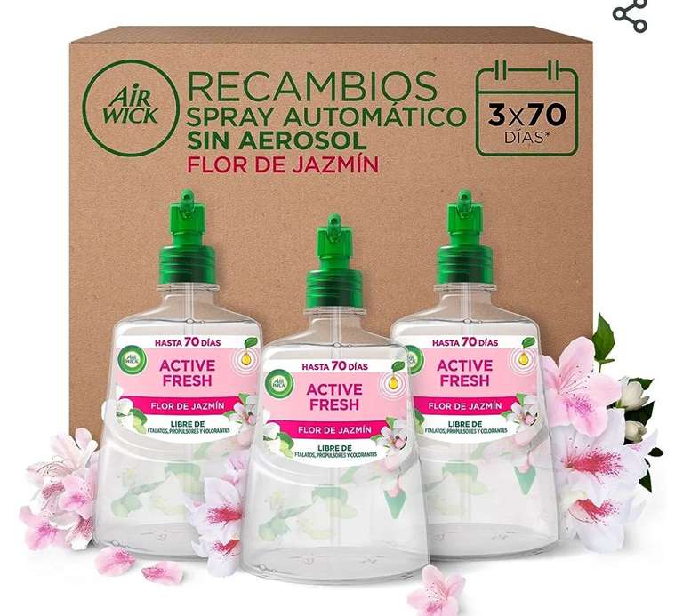 Air Wick Active Fresh Spray Automatico Sin Aerosol - Ambientador para casa con aroma a Flor de Jazmín - Pack de 3 Recambios