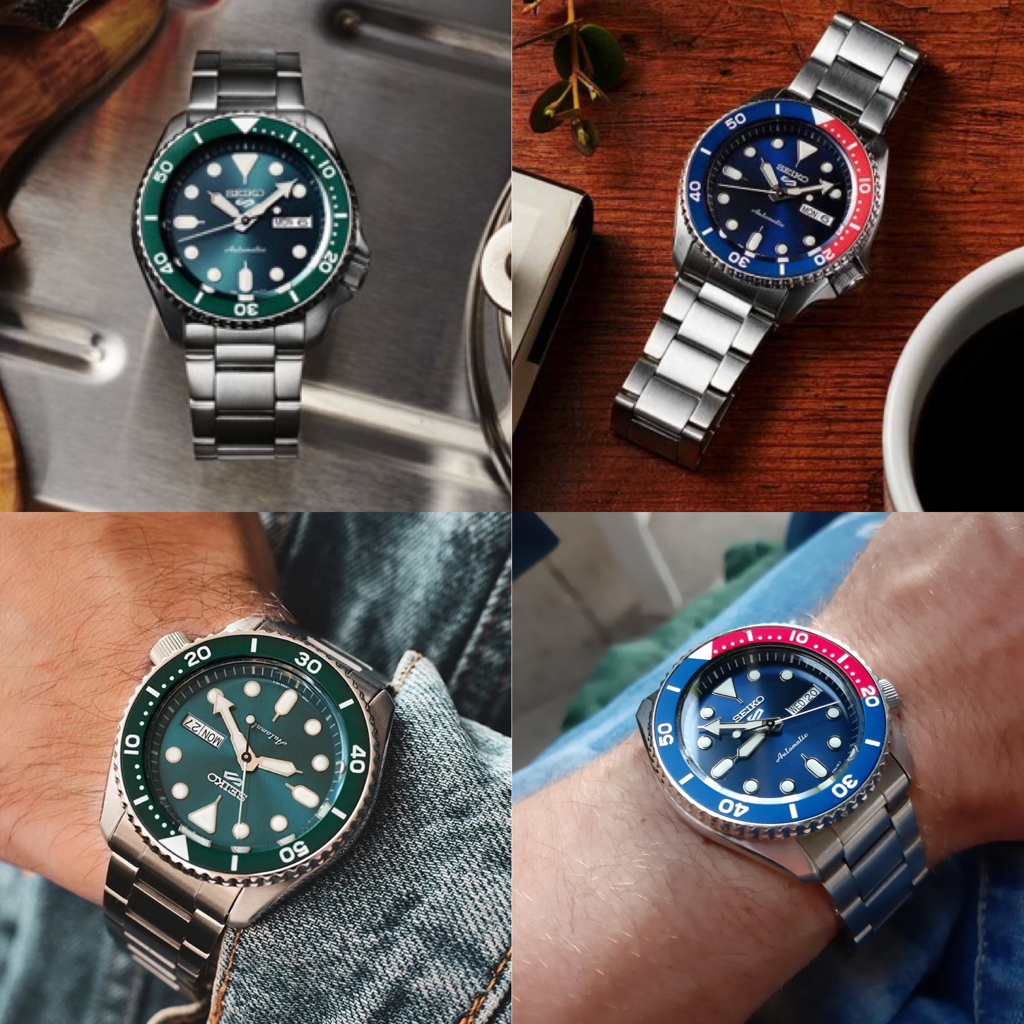 Relojes SEIKO 5 Sports SRPD53K1 (Pepsi) y SRPD61K1 (verde) | Mov. AUTOMÁTICO | Caja 42,5mm | 10ATM/100m