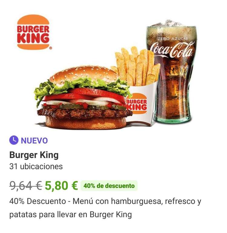 Menú para llevar a través de Auto King, hamburguesa acompañado con patatas, aros de cebolla y refresco (Varios menús a elegír)