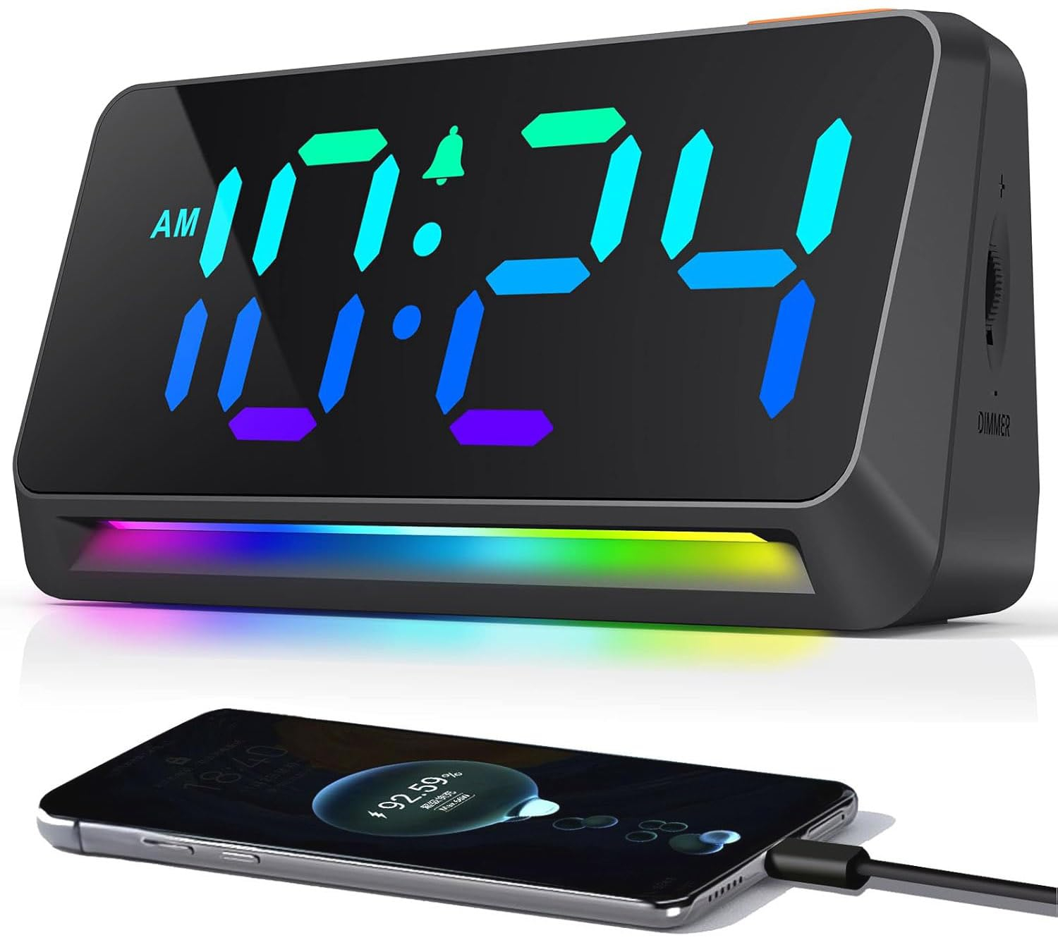 Despertador digital con números grandes, con pantalla RGB, reloj digital extra con brillo ajustable, alarma fuerte, puerto de carga