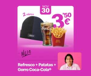 Refresco + patatas + gorro Coca-Cola por 3,50€ en McDonald's (oferta válida el 30/11/2023)