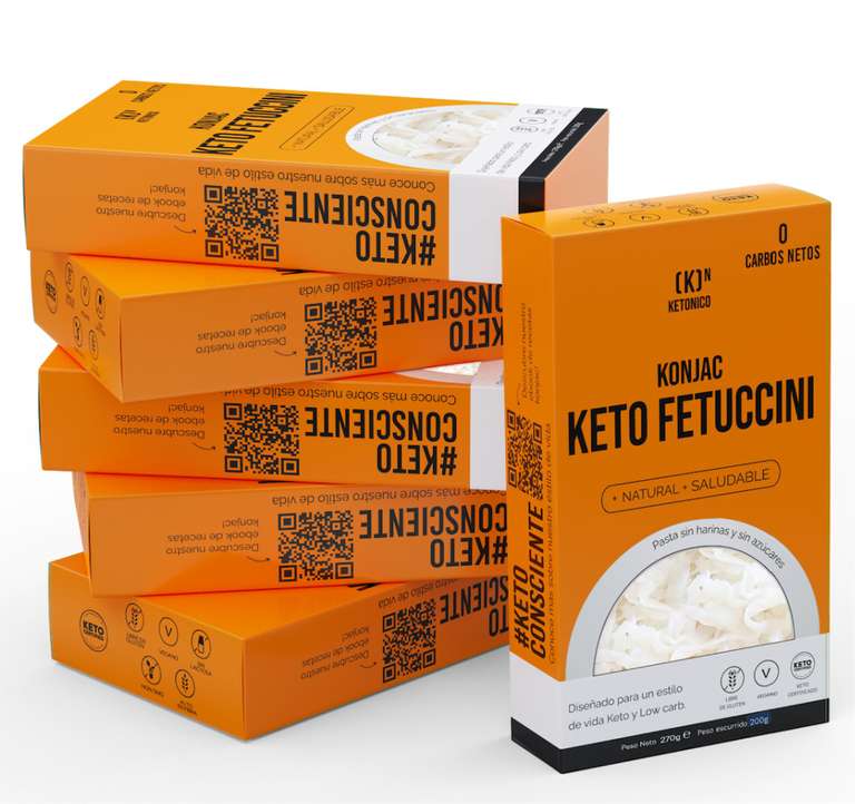 KETONICO Konjac Keto Sin Gluten, Sin Lactosa, Sin Soja, Sin OMG, Certificado Keto 1.2g Carbohidratos por Plato, Pack 6x Konjac Fetuccini