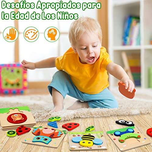 6pcs Puzzle Madera - Juguetes Madera niños 1 año - Juguetes Montessori 1 año - Juegos Educativos - Animales de Puzzle Madera - 2 año