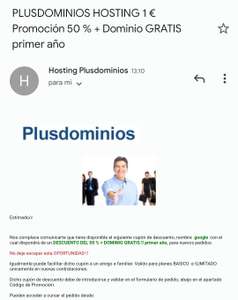 PLUSDOMINIOS HOSTING 1 € Promoción 50 % + Dominio GRATIS primer año