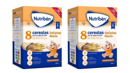 Nutribén Pack de Papillas 8 Cereales con un Toque de Miel y Galletas María, Sin Aceite de Palma, desde los 6 Meses, Pack de 2 x 600g