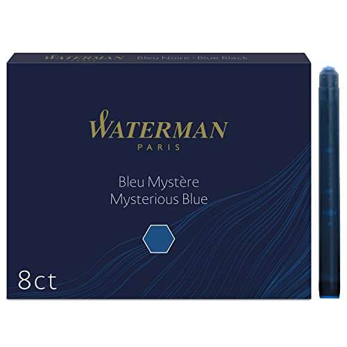 Waterman Carène Pluma Estilográfica, Negro (Black Gold Trim), Punta Media & cartuchos de tinta | largos | azul misterioso | paquete de 8