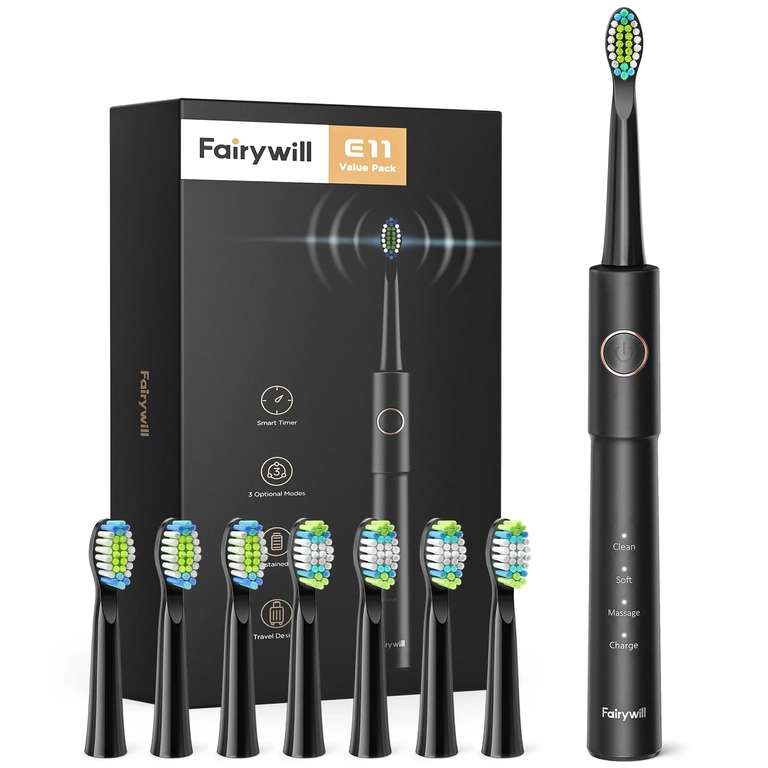 Fairywill Cepillo de dientes eléctrico USB, recargable + 8 cabezales 8,56€ con monedas (ENVIO DESDE ESPAÑA)