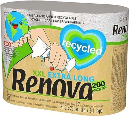 2x Renova Rollos De Cocina Renova Recycled | 2 Rollos Reciclados Envueltos en Papel, equivalentes a 5 Rollos Estándar | Sin Plásticos.