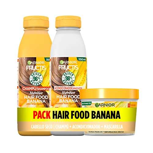 Garnier Fructis Hair Food Pack Banana Nutritiva con Champú, Acondicionador y Mascarilla.