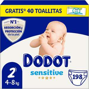 Dodot Pañales Bebé Sensitive Talla 2 (4-8 kg), 198 Pañales + 1 Pack de 40 Toallitas Gratis Cuidado Total Aqua, Absorción