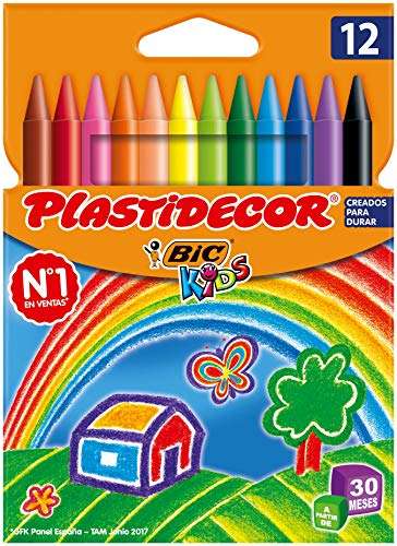 BIC Kids Plastidecor - Ceras para colorear, antimanchas, Blíster de 12 Unidades [Blíster 18 en descripción a 2'99€]