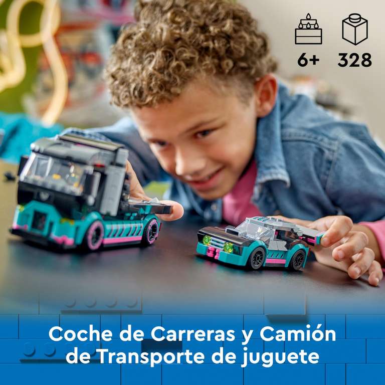 LEGO City Coche de Carreras y Camión de Transporte de Juguete, con Vehículo de Competición,Minifiguras de Piloto y Camionero