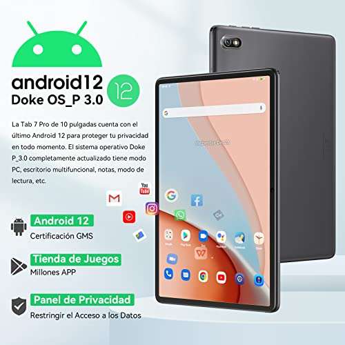 Blackview Tablet 10" Android 12 10GB RAM+128GB ROM 5Ghz WiFi+4G LTE 6580mAh Dual SIM OTG/GPS/Face ID/Type-C Rrecarga Rapida 5V/2A
