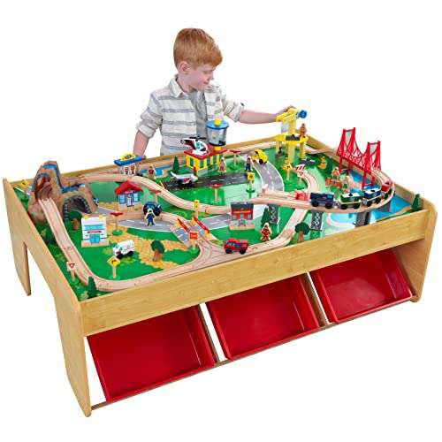KidKraft, Mesa de Juego con cascada y montaña, de madera, para niños, juego clásico de actividades ferroviarias con 120 piezas