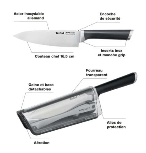 Tefal Ever Sharp - Cuchillo chef 16.5 cm, afilador integrado en la funda, afilado doble pivote,bloqueo seguro, acero inoxidable