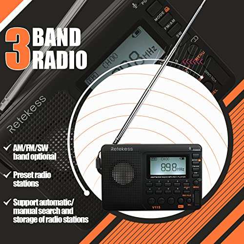 Retekess V115, Radio Portátil, FM Am SW, Recargable Radio con MP3,SD/TF/USB, 3 Modos de Grabación, Tiempo de Sueño