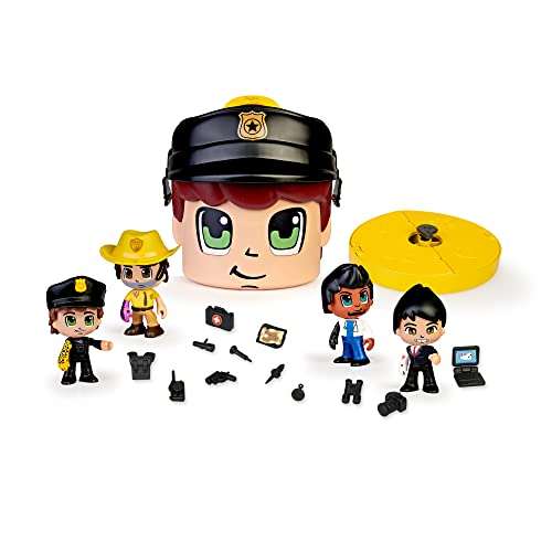 Pinypon Action - Contenedor de Policía, con compartimentos para accesorios y figuras, incluye 4 muñecos de distintas profesiones