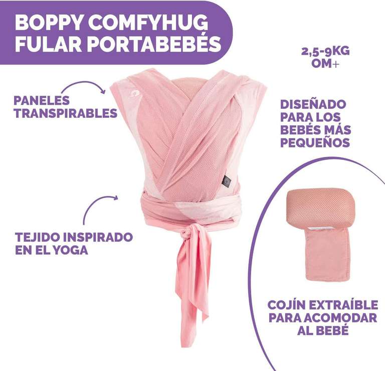 Chicco Boppy ComfyHug Fular Portabebés Ergonómico Para Recién Nacidos, desde 2,5 kg, Arnés Ajustable, Soporte Cabeza y Cuello, Rosa