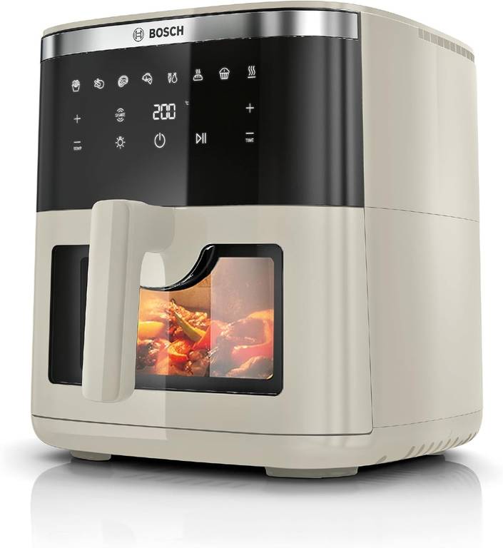 Bosch – Freidora de aire Serie 6, Air Fryer XXL capacidad de 7,2 L, 7 programas y ventana de visualización con luz, beige mate, MAF671C0