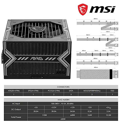 MSI MAG A650BN - Fuente de alimentación: 80 PLUS BRONZE, 650 vatios